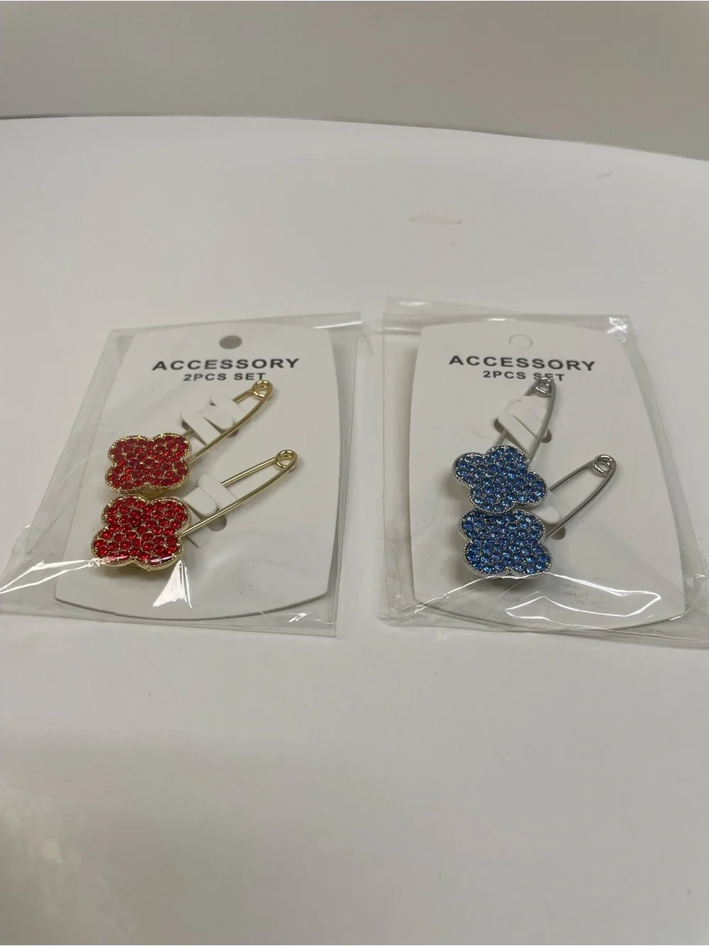 Red & Blue Sparkling Clover Brooch Pins - 2pc Sets